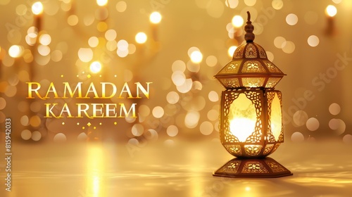 cute 3d Muslim lamp and big gold text "RAMADAN KAREEM" on light background