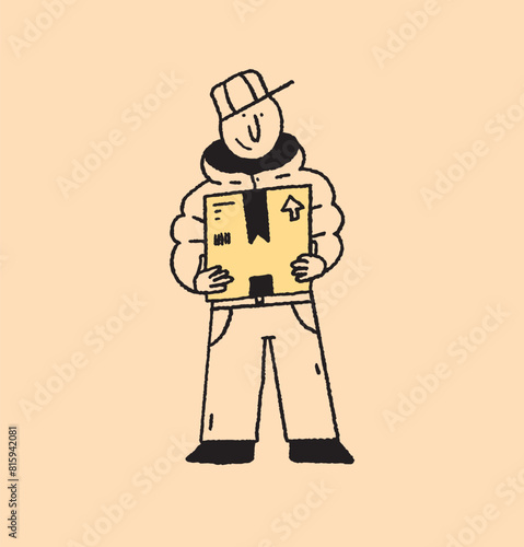 A hand-drawn illustration of a boy delivering a courier package with a smile, showcasing efficiency and reliability