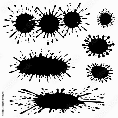 Accidental blot, ink blot. A set of blots of different sizes. Ink blot, irregularly shaped speck. Basic, simple rounded, smooth shape
