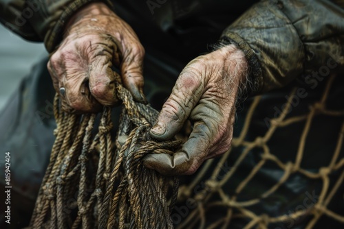 "Close-Up Detail of Fisherman's Hands Mending a Net with Focus on Textured Ropes"