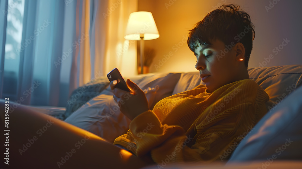 Woman with short hair sitting on sofa and using mobile phone at home : Generative AI Woman with short hair sitting on sofa and using mobile phone at home : Generative AI