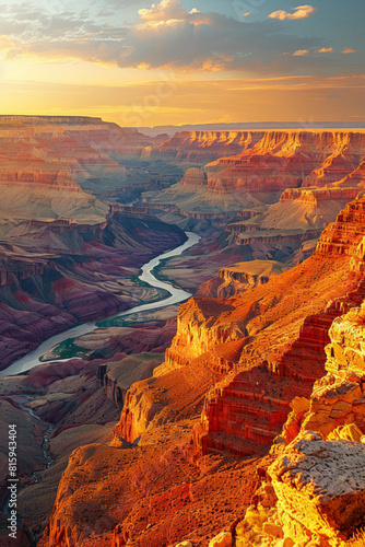 A spectacular canyon sunset with towering red rock formations bathed in golden light  casting long shadows across the rugged landscape as the sun dips below the horizon.