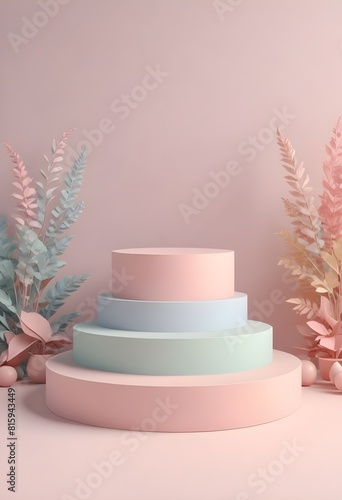 A three tiered cake stand with palm trees and flowers