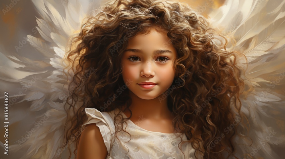 Fototapeta premium Close-up portrait of a beautiful little angel girl with curly dark hair in a white dress with wings