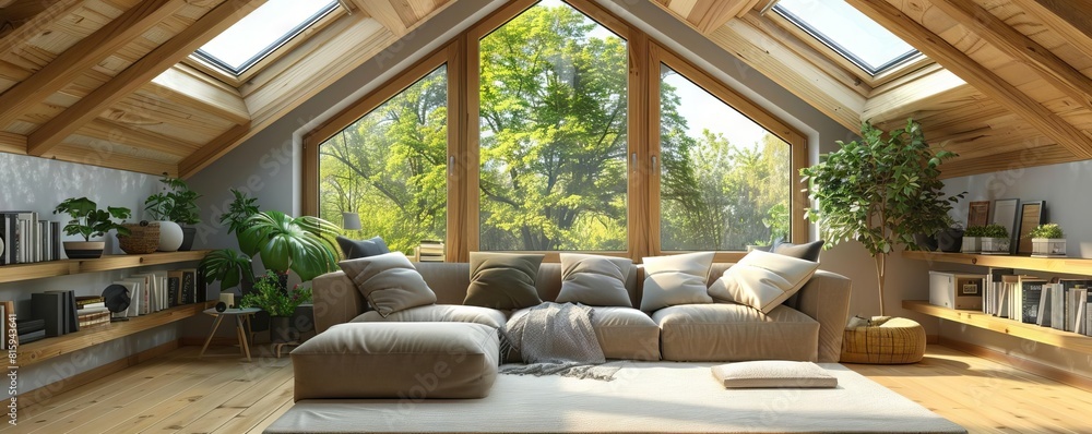 Fototapeta premium A comfortable sofa with soft cushions complements the natural light streaming through the large windows and skylights, creating a warm and inviting atmosphere in the attic living room