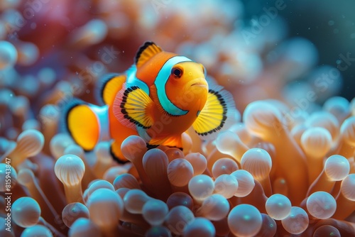 Clownfish nestled among anemone tentacles  representing marine symbiosis. 