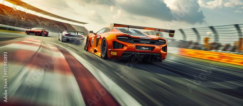 A image of sports cars racing on a track, capturing the speed and adrenaline of motorsport competitions photo