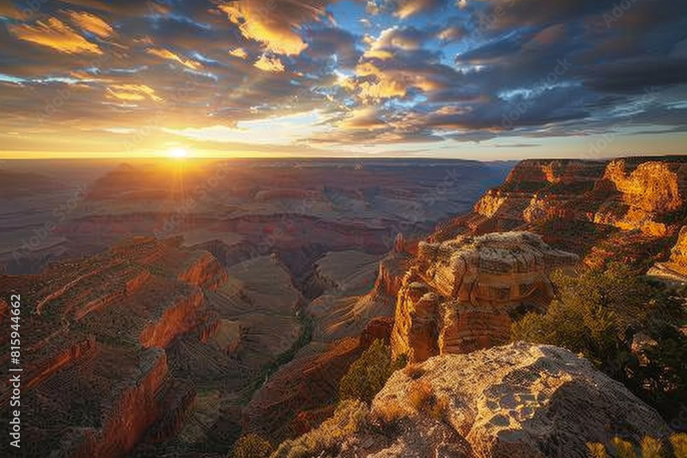 A spectacular canyon sunset with towering red rock formations bathed in golden light, casting long shadows across the rugged landscape as the sun dips below the horizon.
