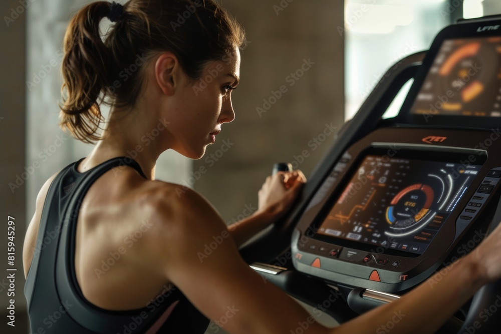 Fit Woman Engaging in High-Tech Workout on Advanced Gym Equipment Fit Woman Engaging in High-Tech Workout on Advanced Gym Equipment