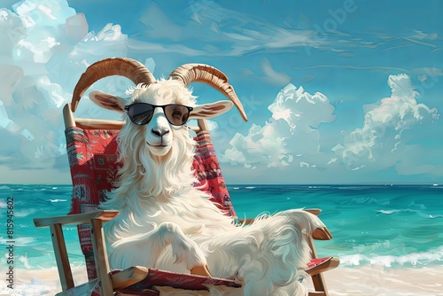 mountain goat with panama hat wearing sunglasses sunbathing on a sun chair on a tropical beach, caricature