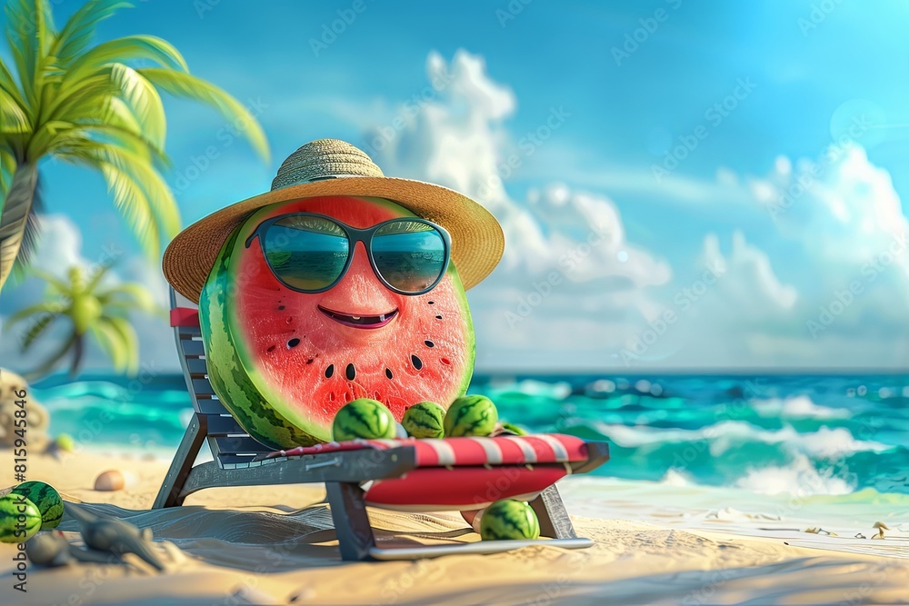 Happy watermelon with Panama hat wearing sunglasses sunbathing on a sun ...