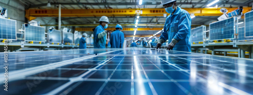 A image of workers assembling solar panels in a manufacturing facility, showcasing the production process of solar energy technology