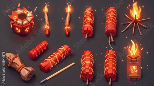 This set includes dynamite sticks, explosive military or mining TNT weapons, firecrackers, and dangerous equipment with detonators for destroying the vehicle. photo