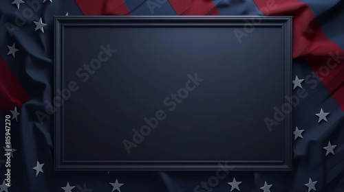 An empty black frame on a draped American flag background with red and blue colors and white stars. photo