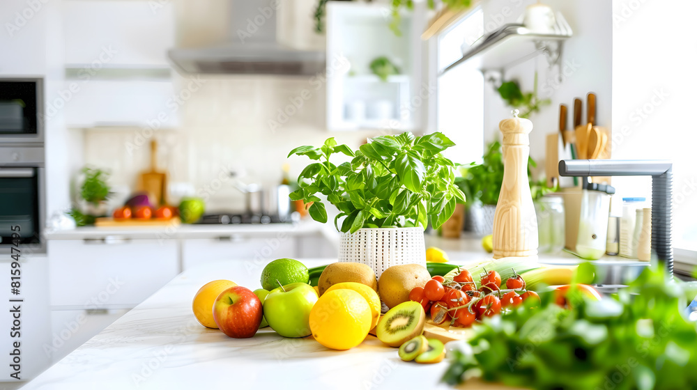 Beautiful kitchen island with plant and fresh fruit on it in a spacious room : Generative AI Beautiful kitchen island with plant and fresh fruit on it in a spacious room : Generative AI