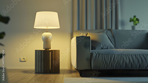 Interior of living room modern style with grey fabric sofawooden side table and white ceiling lamp on wooden floor : Generative AI photo