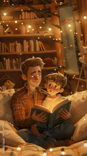 Cozy indoor story time  illustrated with a gay father reading to his son from a book about equality  warm lighting and soft furnishings  conveying safety and education
