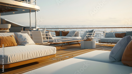 Modern Superyacht interior aft deck lounge with teak deck ample loungers for guests to enjoy the sea view with decorative pillows : Generative AI photo
