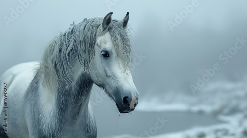 Majestic white horse in a misty setting  ideal for animal themes or cinematic projects.