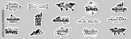 Travel and adventure quotes. Calligraphy lettering retro pop art syle. Collection of written phrases, slogans