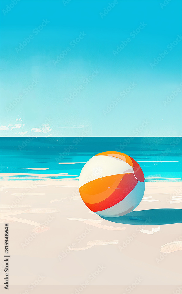 Minimalist illustration of a vibrant beach ball on pristine white sand, with a calm turquoise ocean and clear blue sky in the background.
