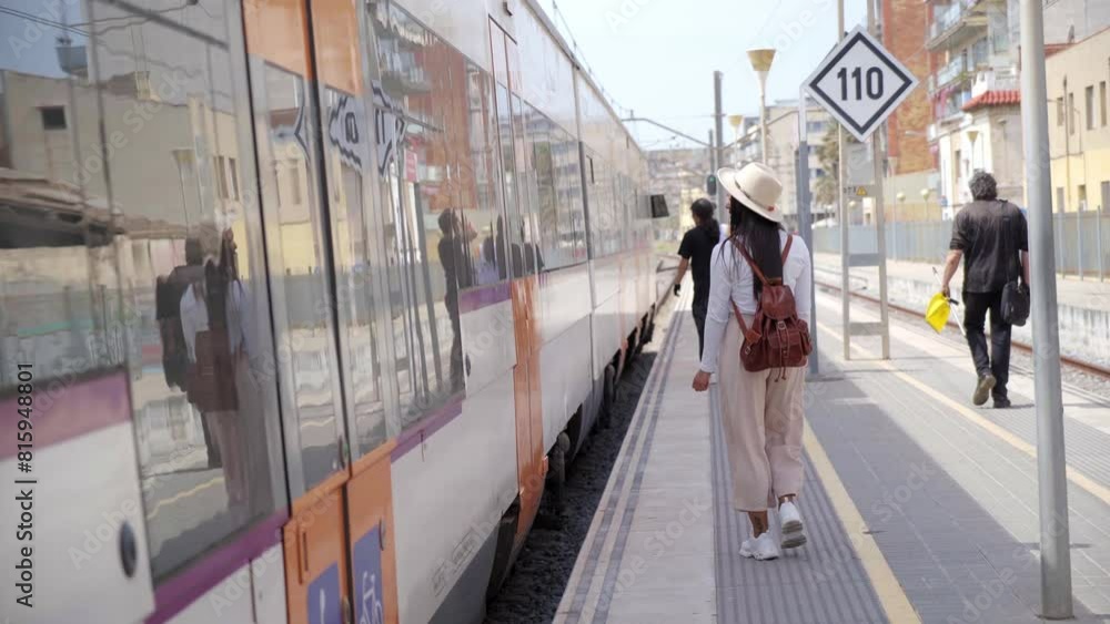 People waiting the train to stop to get in at an open air station. Copy space footage. People waiting the train to stop to get in at an open air station. Copy space footage.