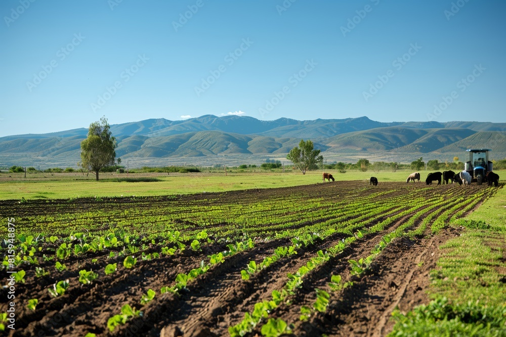 Farmer Planting Sustainable Crops With Grazing Livestock Under a Clear Blue Sky