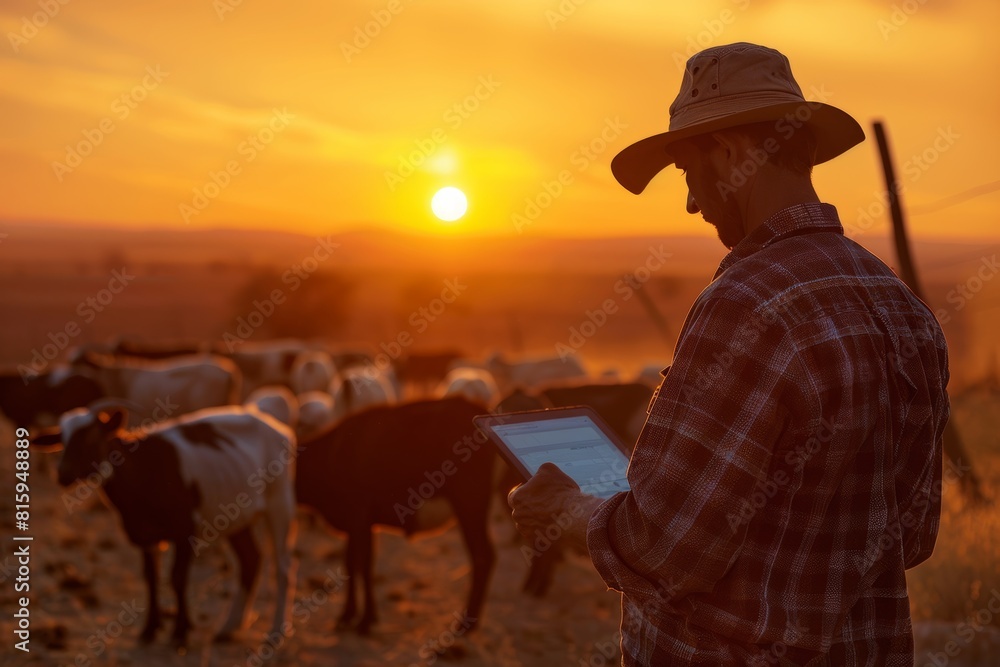 Farmer Recording Breeding Data on Tablet with Herd of Goats at Sunset