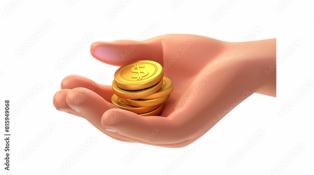 Render of 3D hand with money, golden coins stack between fingers on white background. Concept of savings, payment transaction, currency exchange, profit. Illustration in cartoon. Render of 3D hand with money, golden coins stack between fingers on white background. Concept of savings, payment transaction, currency exchange, profit. Illustration in cartoon.