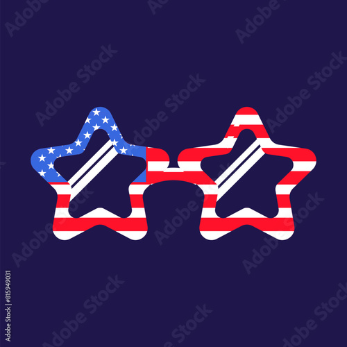 Festive carnival glasses with star shaped frame in colors of flag United States. Festive element, attributes of July 4th Independence Day. Flat vector icon in national colors of USA flag on dark blue