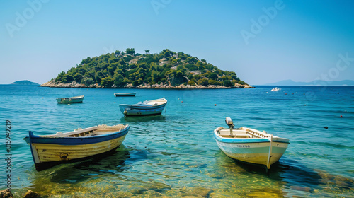 Image of small boats at sea near an island. © HillTract