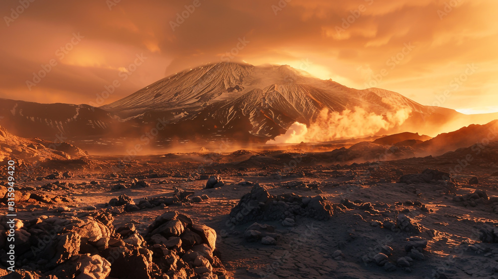 Capture an active volcano at golden hour, showcasing red and brown hues with a snowy peak.