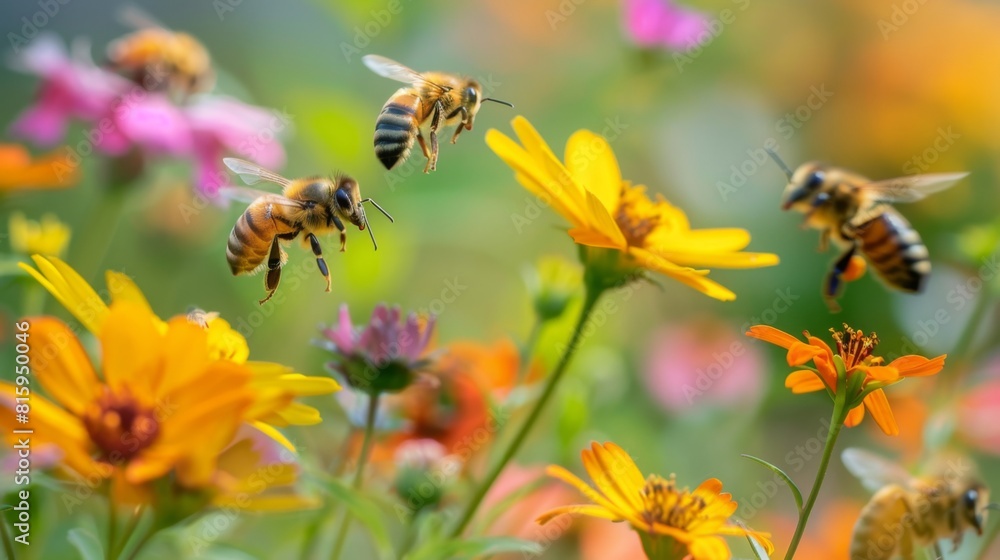 Close-up of bees buzzing around a patch of vibrant wildflowers, their busy activity essential to the cycle of life. Close-up of bees buzzing around a patch of vibrant wildflowers, their busy activity essential to the cycle of life.