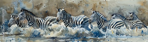 A group of zebras crossing a river, their stripes artistically rendered in watercolors against the flowing water backdrop