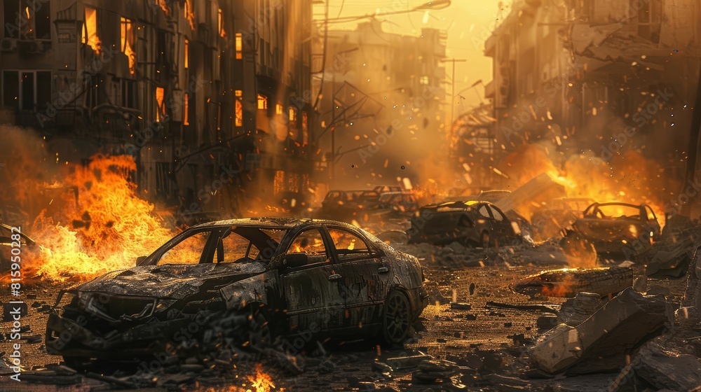apocalyptic inferno burning cars litter a wartorn citys devastated streets digital illustration