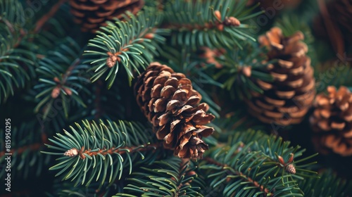 Close up image of pine cones on a fir tree branch Festive Christmas backdrop