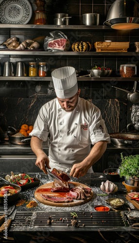 Professional Chef Seasoning Organic Meat in a Gourmet Restaurant Kitchen