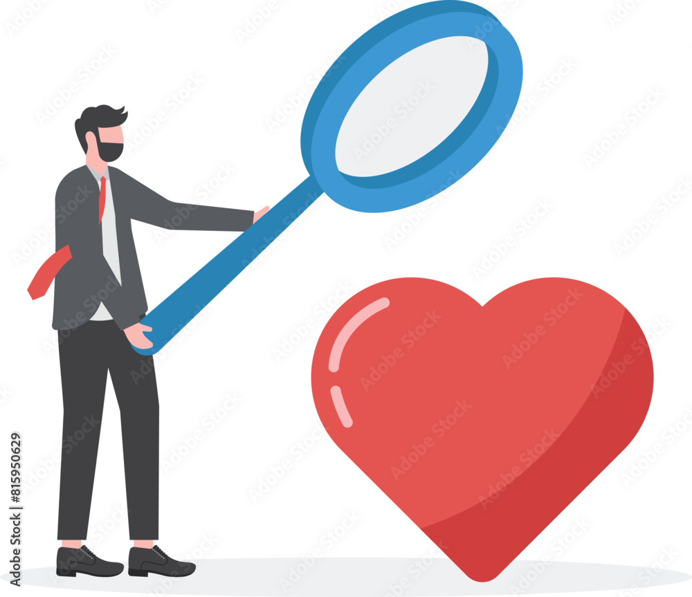 Check the sincerity of subordinates. Businessman boss uses a magnifying glass to examine the heart
Check the sincerity of subordinates. Businessman boss uses a magnifying glass to examine the heart