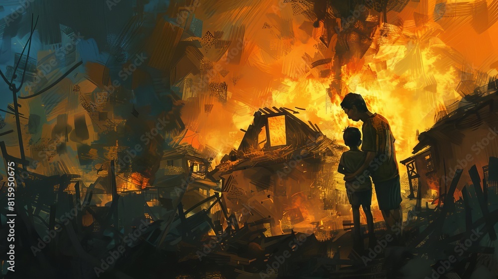 asian man and child in despair ruins of burning house tense scene of home loss digital painting asian man and child in despair ruins of burning house tense scene of home loss digital painting