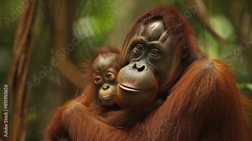 A female orangutan with his child in a native habitat. Amazing wild photo