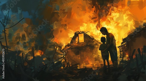 asian man and child in despair ruins of burning house tense scene of home loss digital painting