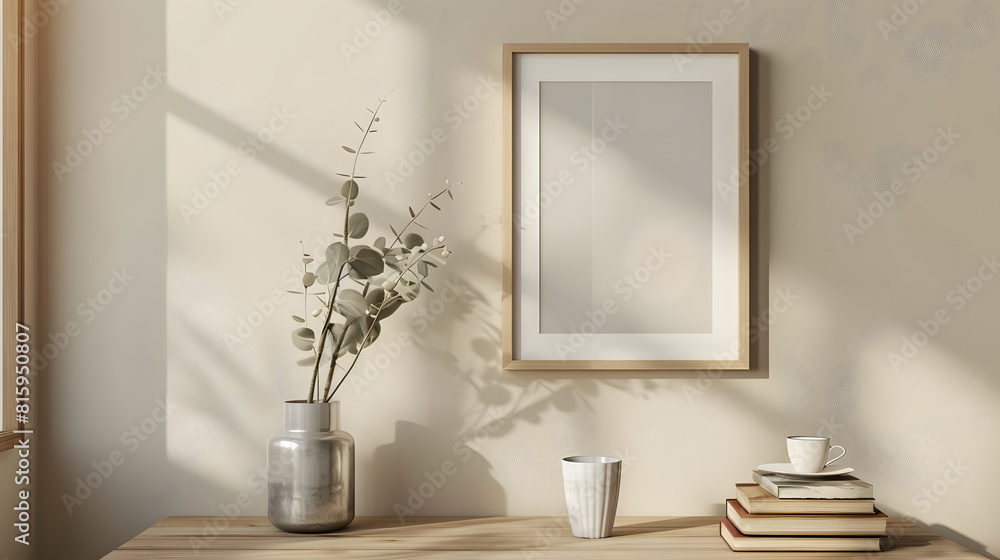 Fototapeta premium Empty vertical picture frame mockup hanging on beige wall Cup of coffee books on wooden table Vase with silver eucalyptus tree branches Minimal working space home office Scandinavian i : Generative AI