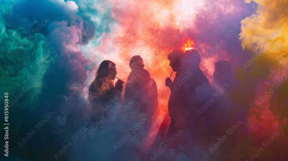 Φωτογραφία Colorful smoke enveloping a group of friends as they socialize and share cigarettes, bonding over a common habit
