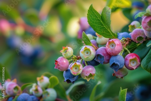 Close-up of colorful blueberries in various stages of ripeness on a bush with soft-focus background photo