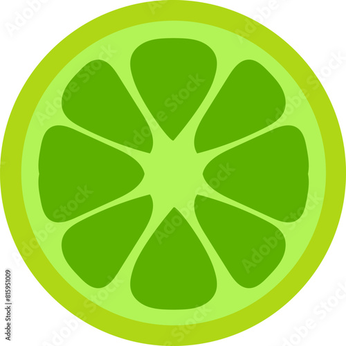 Sliced lime piece drawn by child. Bright childish careless fruit lime drawing for design of festive spring banner. Flat hand drawn vector element isolated on white background