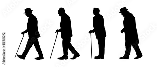 Set of old man in hat walking, old age - vector illustration