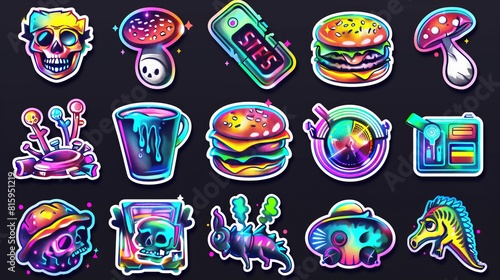 A retro rave sticker set with funny mushroom, skull, dinosaur, and other strange creatures. Cartoon modern acid design badges in psychedelic colors. photo