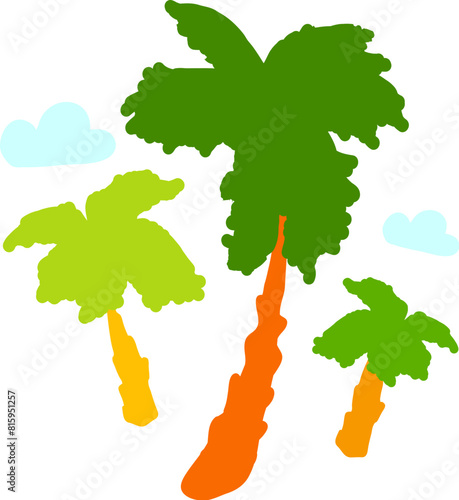 Palm trees drawn by child. Bright childish careless tropical palm grove drawing for design of festive spring banner. Flat hand drawn vector element isolated on white background