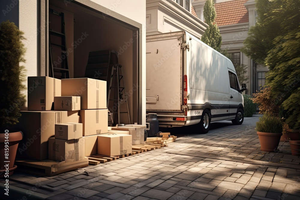 Moving. Cardboard boxes and things delivered to a new apartment. Several cardboard boxes with things are stacked near the entrance to the house Moving. Cardboard boxes and things delivered to a new apartment. Several cardboard boxes with things are stacked near the entrance to the house