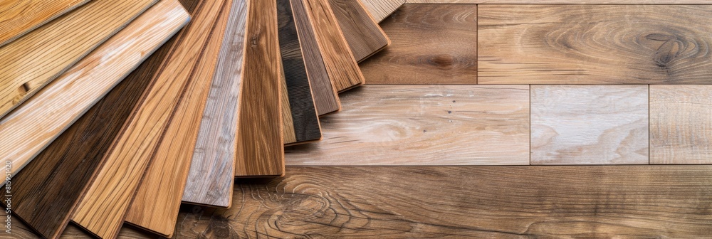 Fototapeta premium Earth-toned flooring samples: parquet, laminate on oak background. Explore the spectrum